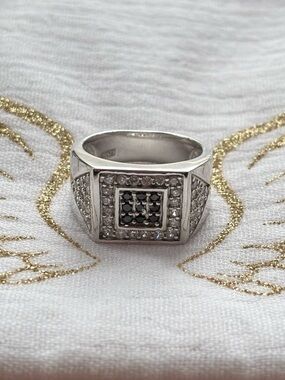 Sterling Silver Men's Square Black & White Cubic Zirconia Ring Size 11
